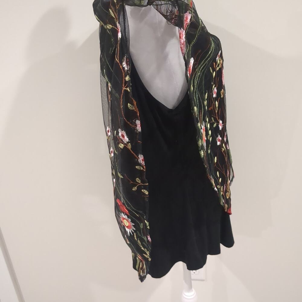 Women's Black Embroidered Sheer Mesh Top Floral Overlay Dark Fairy Boho Flowy - Picture 7 of 12